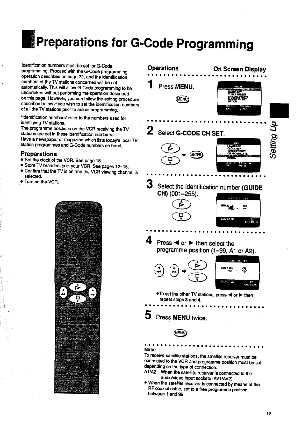 I preparations for g-code programming, Preparations, Operations 1 press menu | 4 press ◄ or ► then select the, Programme position (1-99, a1 or a2), Press menu twice | Panasonic NV-HD 630 User Manual | Page 19 / 40