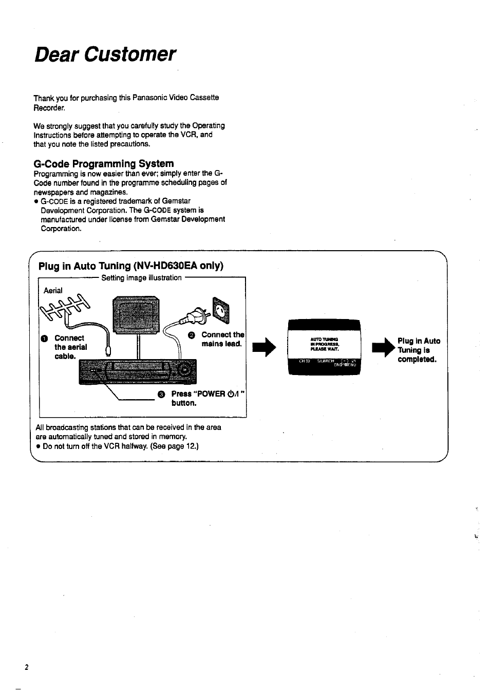 G-code programming system, Plug in auto tuning (nv-hd630ea only), Dear customer | Panasonic NV-HD 630 User Manual | Page 2 / 40