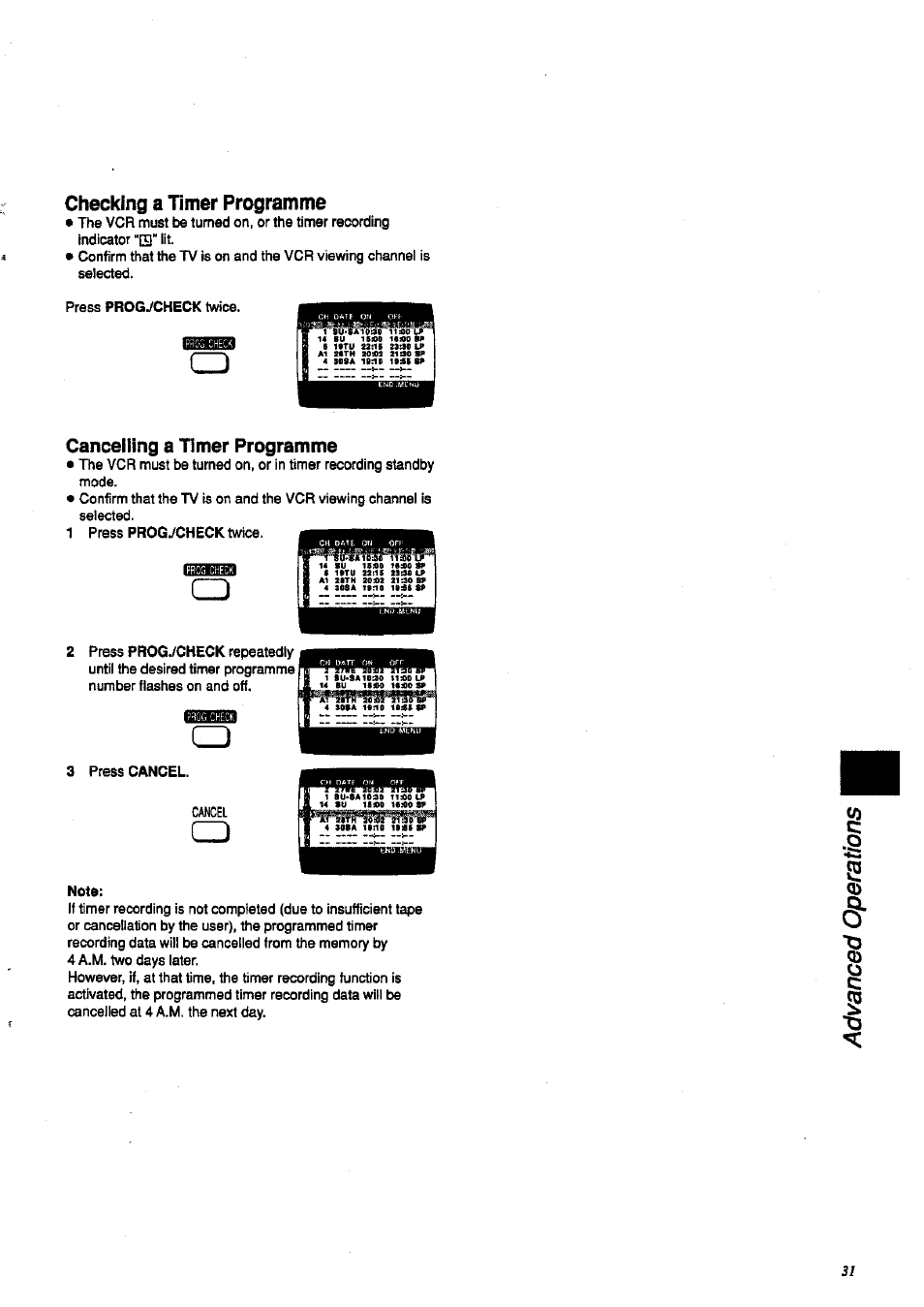 Checking a timer programme, Cancelling a timer programme, Cancel | Panasonic NV-HD 630 User Manual | Page 31 / 40