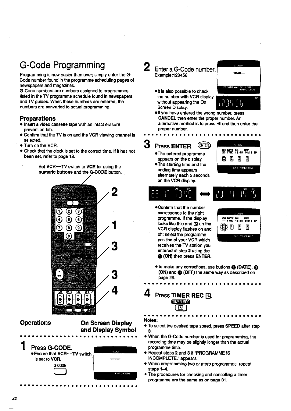 Preparations, Operations, On screen dispiay and display symbol | Press g-code, Enter a g-code number, Press enter, S s i i, 4 press timer recq. nm, G-code programming, Operations on screen dispiay and display symbol | Panasonic NV-HD 630 User Manual | Page 32 / 40