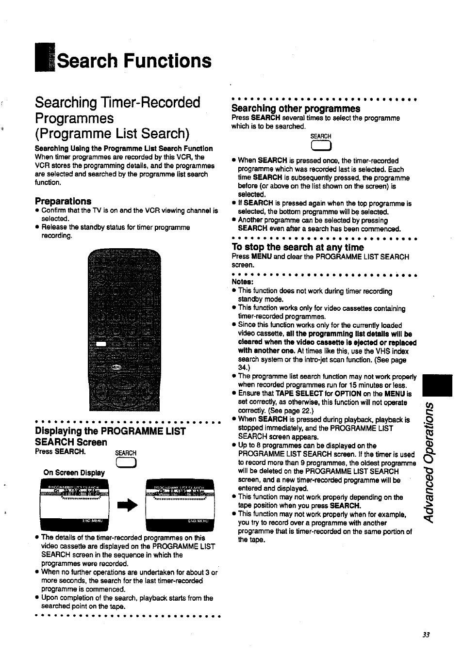 Search functions, Preparations, Displaying the programme list search screen | Searching other programmes, To stop the search at any time | Panasonic NV-HD 630 User Manual | Page 33 / 40