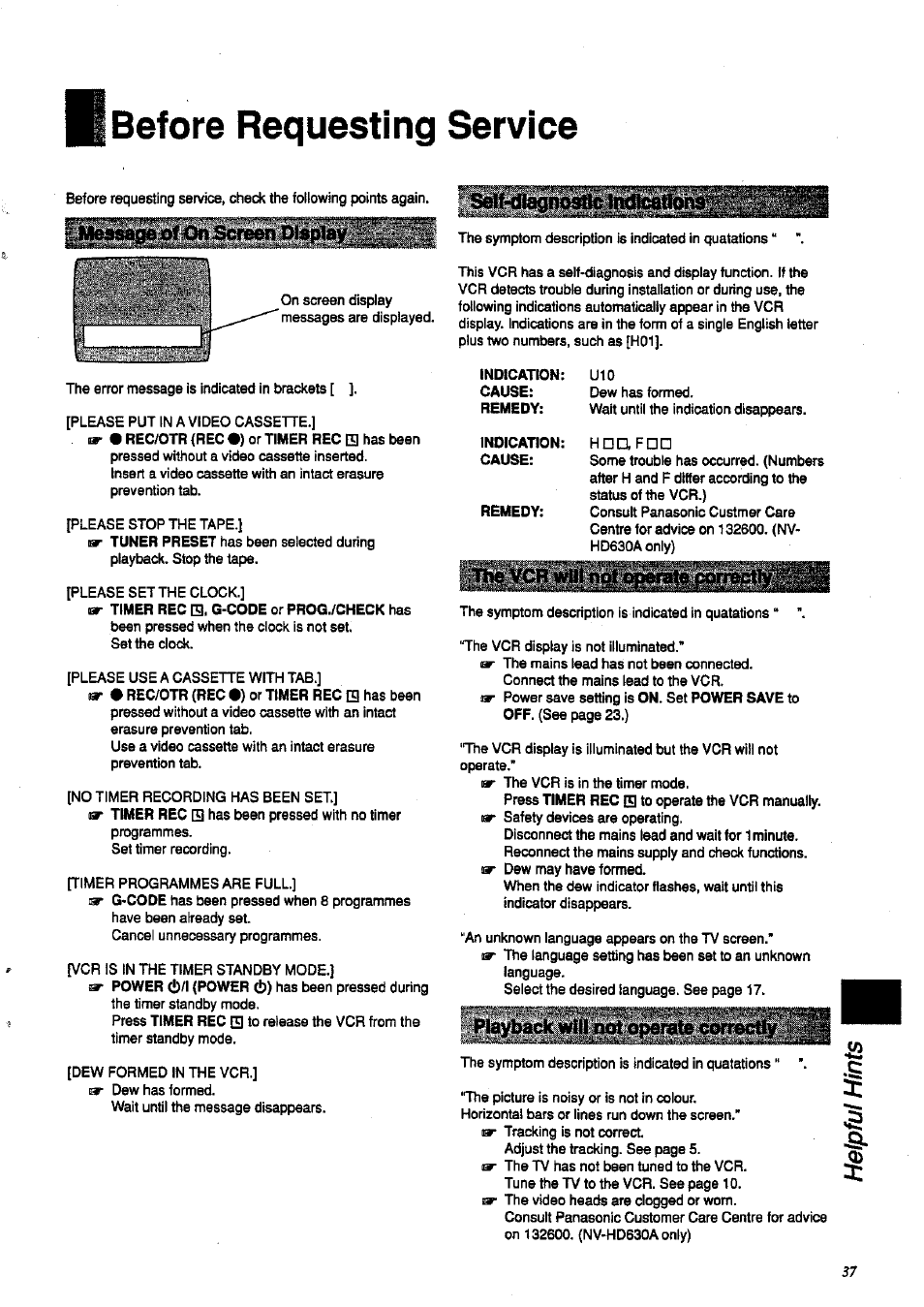 Before requesting service | Panasonic NV-HD 630 User Manual | Page 37 / 40