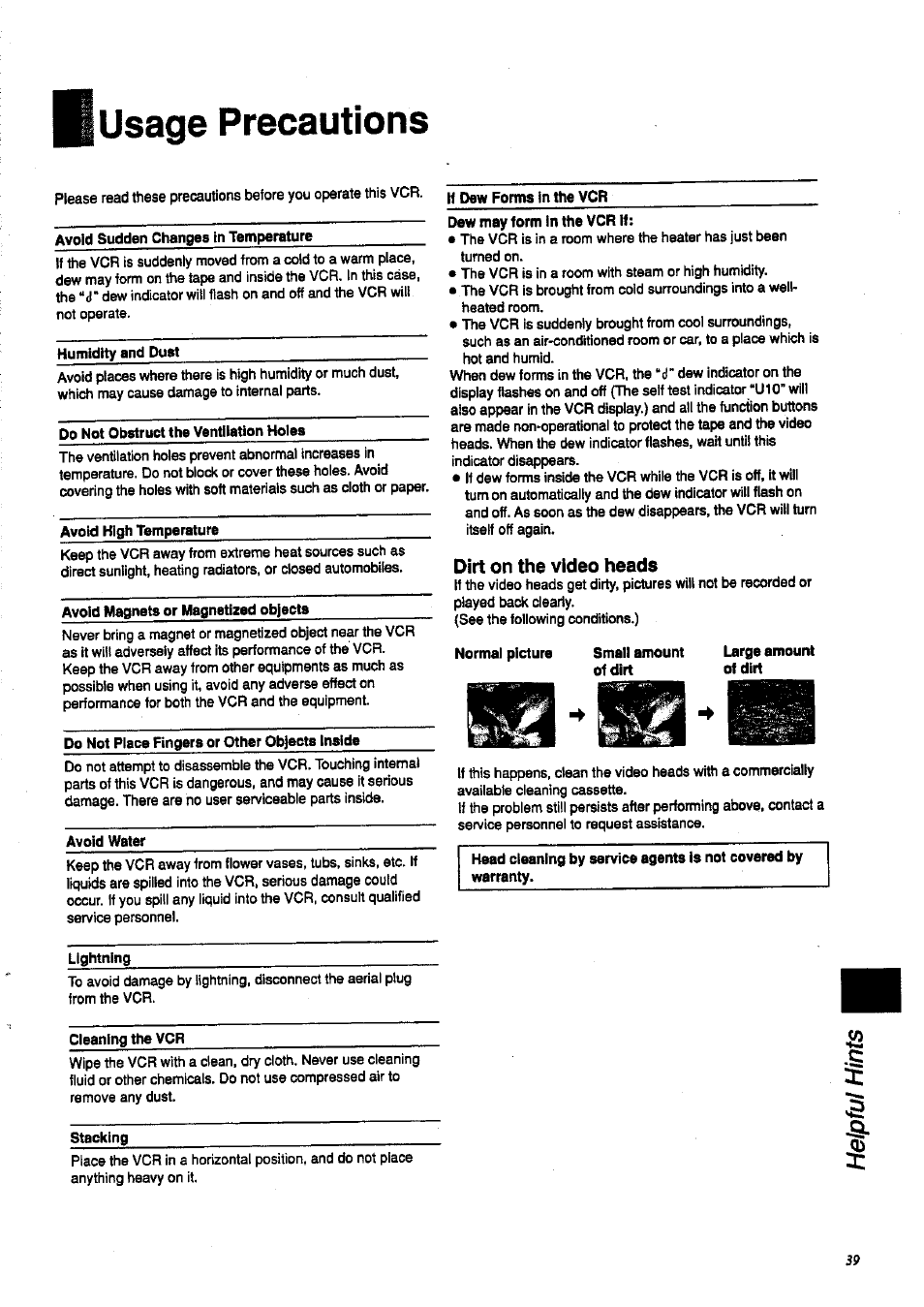 Usage precautions, Dirt on the video heads | Panasonic NV-HD 630 User Manual | Page 39 / 40