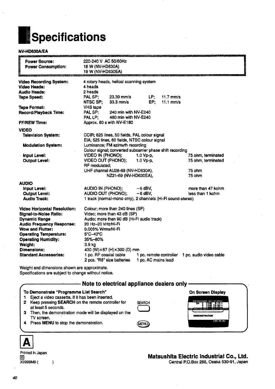 Specifications, Matsushita electric industrial co., ltd | Panasonic NV-HD 630 User Manual | Page 40 / 40