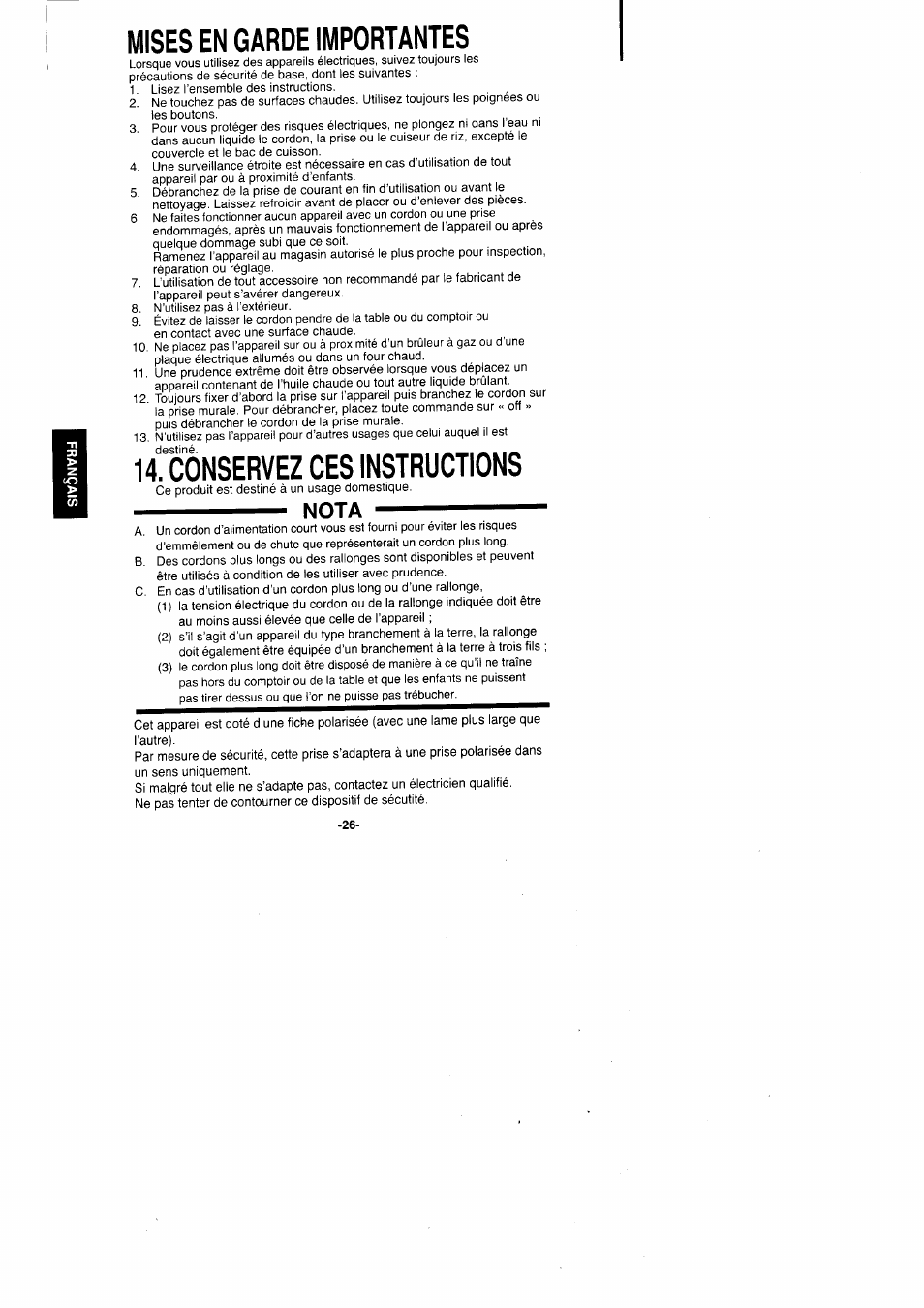 Mises en garde importantes, Conservez ces instructions, Nota | Panasonic Rice Cooker/Steamer SR'GO6FG/SR.G10FG/SR.GI8FG User Manual | Page 26 / 44