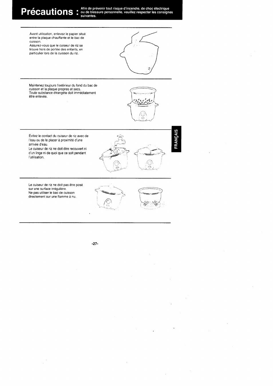 Précautions | Panasonic Rice Cooker/Steamer SR'GO6FG/SR.G10FG/SR.GI8FG User Manual | Page 27 / 44