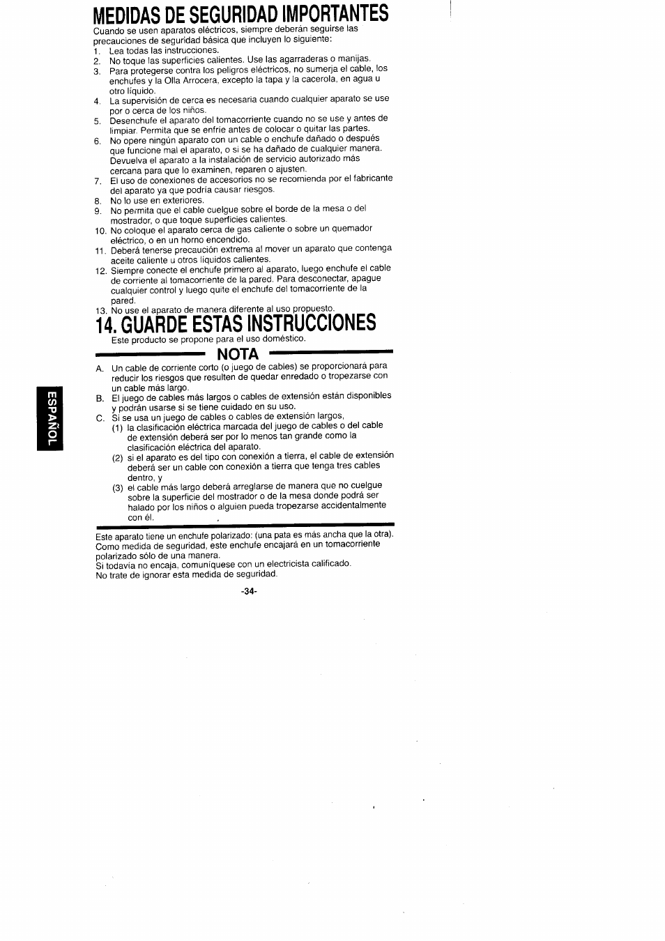 Medidas de seguridad importantes, Guarde estas instrucciones, Nota | Panasonic Rice Cooker/Steamer SR'GO6FG/SR.G10FG/SR.GI8FG User Manual | Page 34 / 44