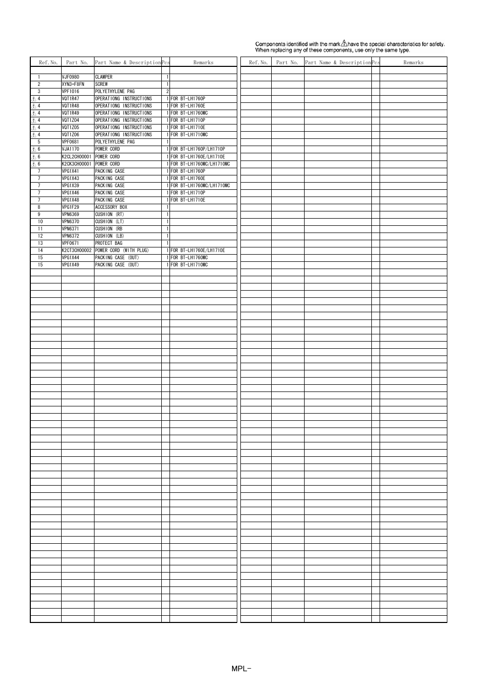 Packing parts assembly | Panasonic BT-LH1710MC User Manual | Page 5 / 5