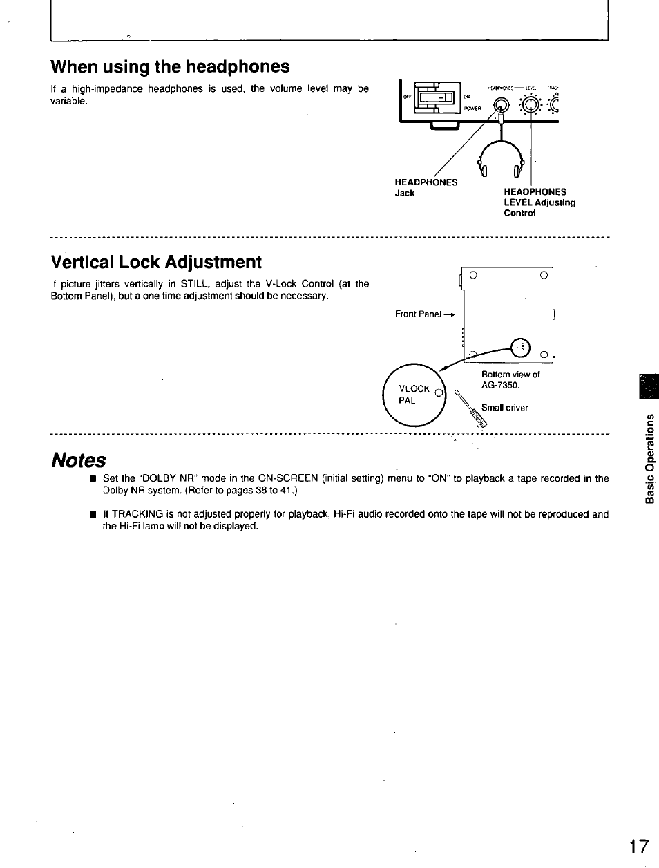 When using the headphones, Vertical lock adjustment | Panasonic AG7150 User Manual | Page 17 / 52