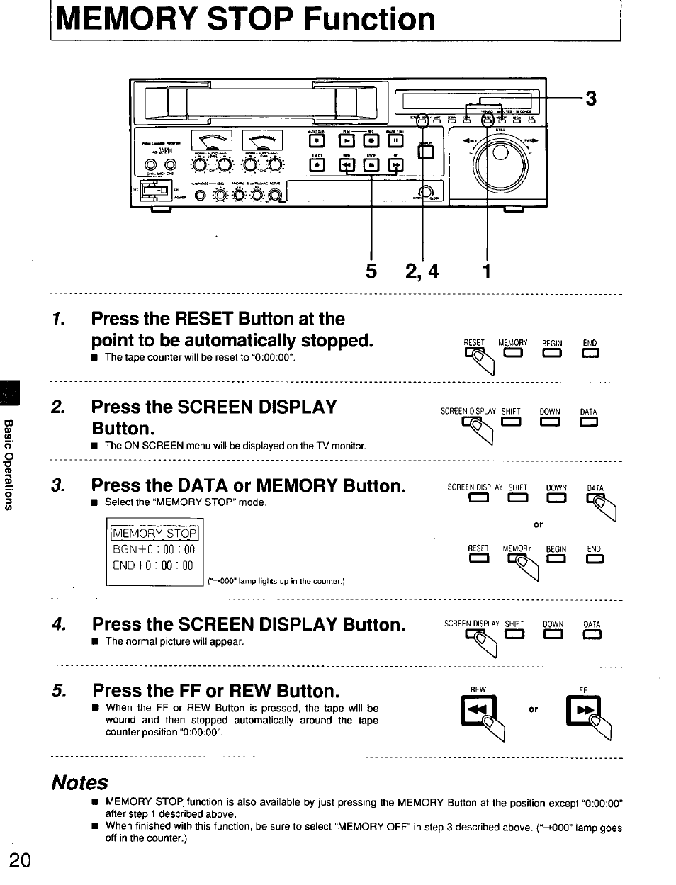 Memory stop function, Press the screen display button, Press the data or memory button | Press the ff or rew button, Cn 1=1 press the screen display button | Panasonic AG7150 User Manual | Page 20 / 52