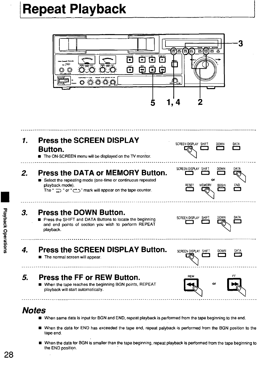 Repeat playback, Press the screen display button, Press the data or memory button | Press the down button, Press the ff or rew button | Panasonic AG7150 User Manual | Page 28 / 52