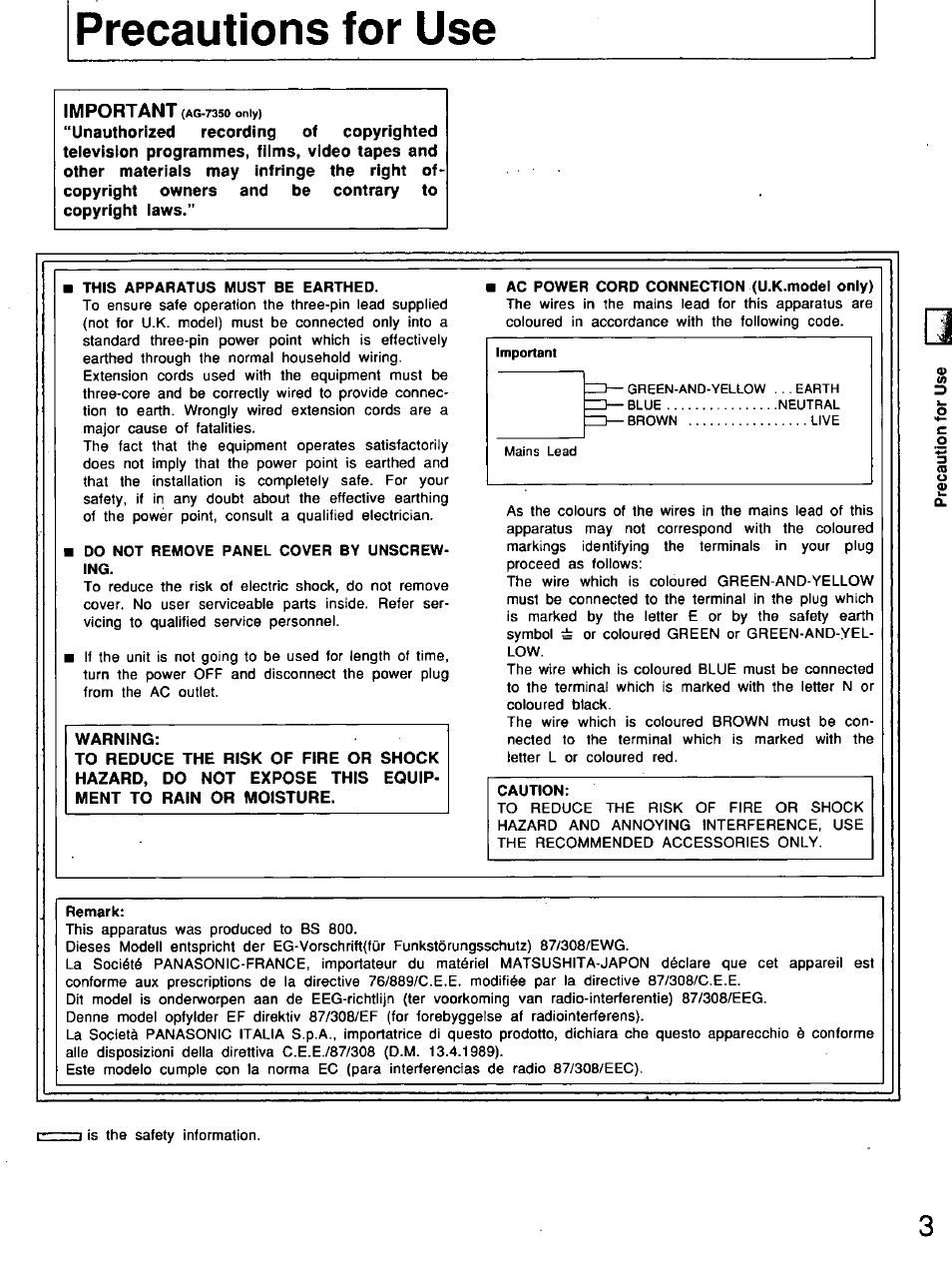 Precautions for use | Panasonic AG7150 User Manual | Page 3 / 52