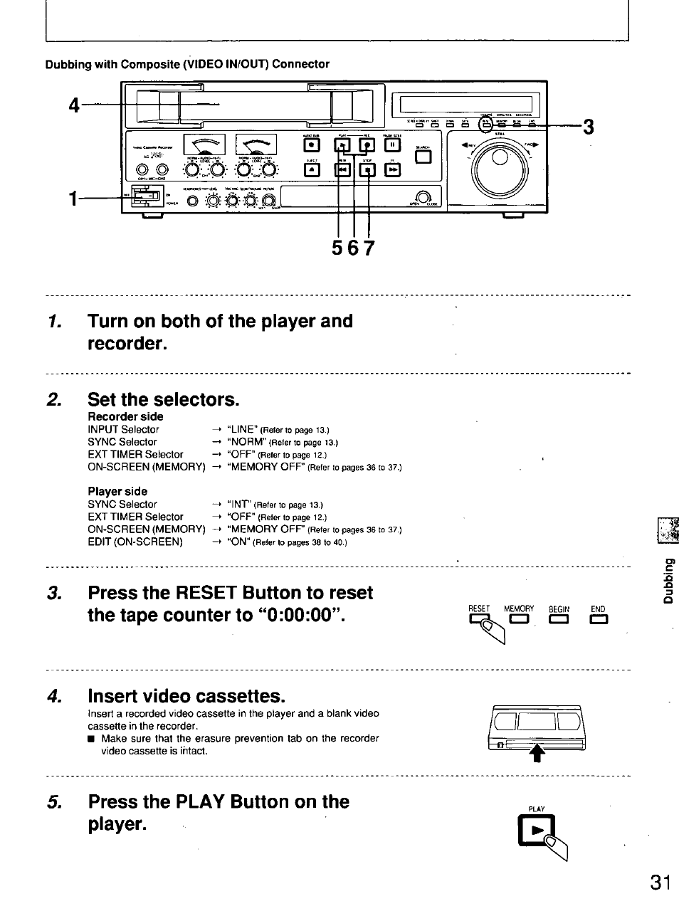 Turn on both of the player and recorder, Set the selectors, Insert video cassettes | Press the play button on the player | Panasonic AG7150 User Manual | Page 31 / 52