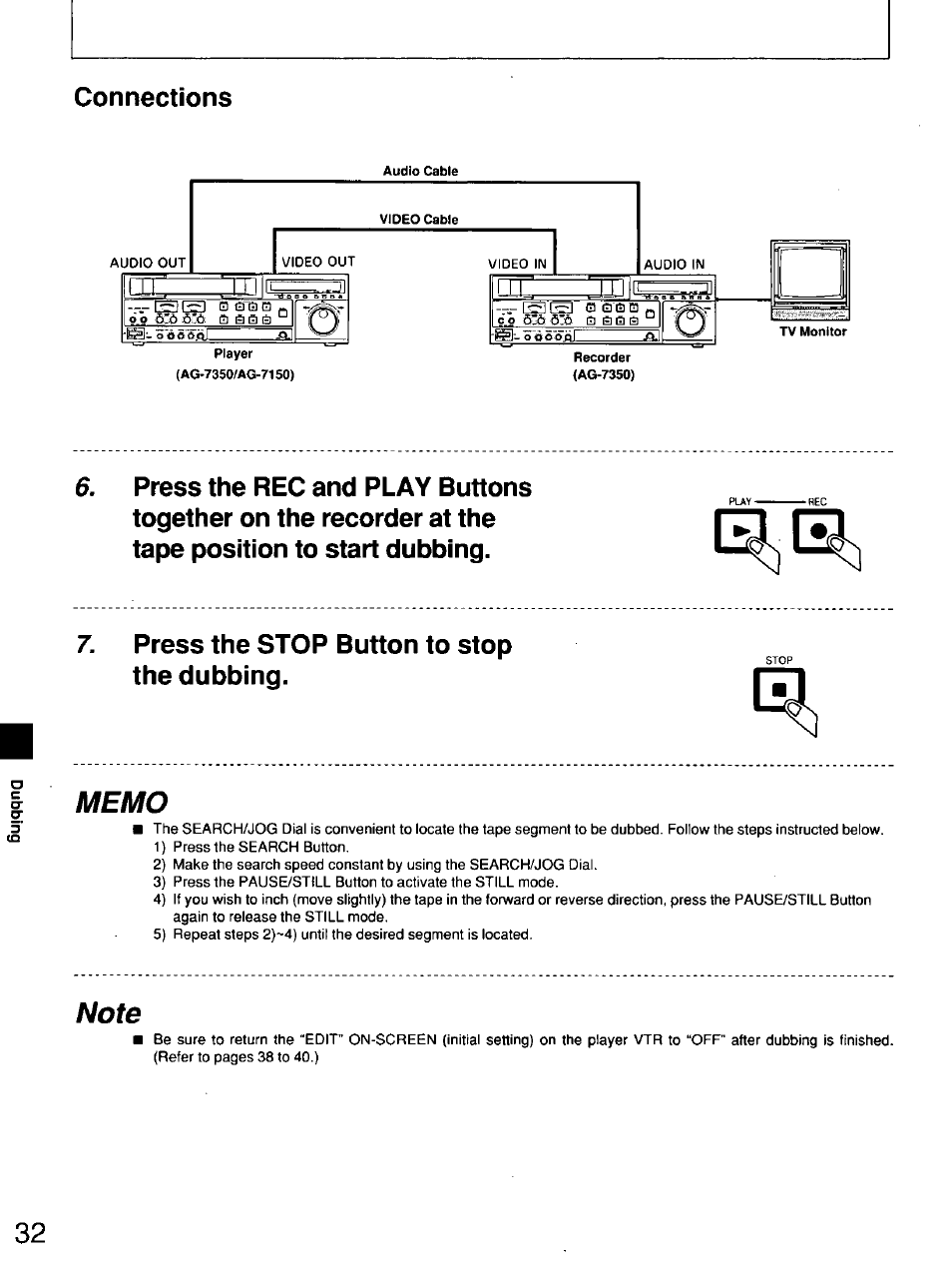 Connections, Press the stop button to stop the dubbing | Panasonic AG7150 User Manual | Page 32 / 52