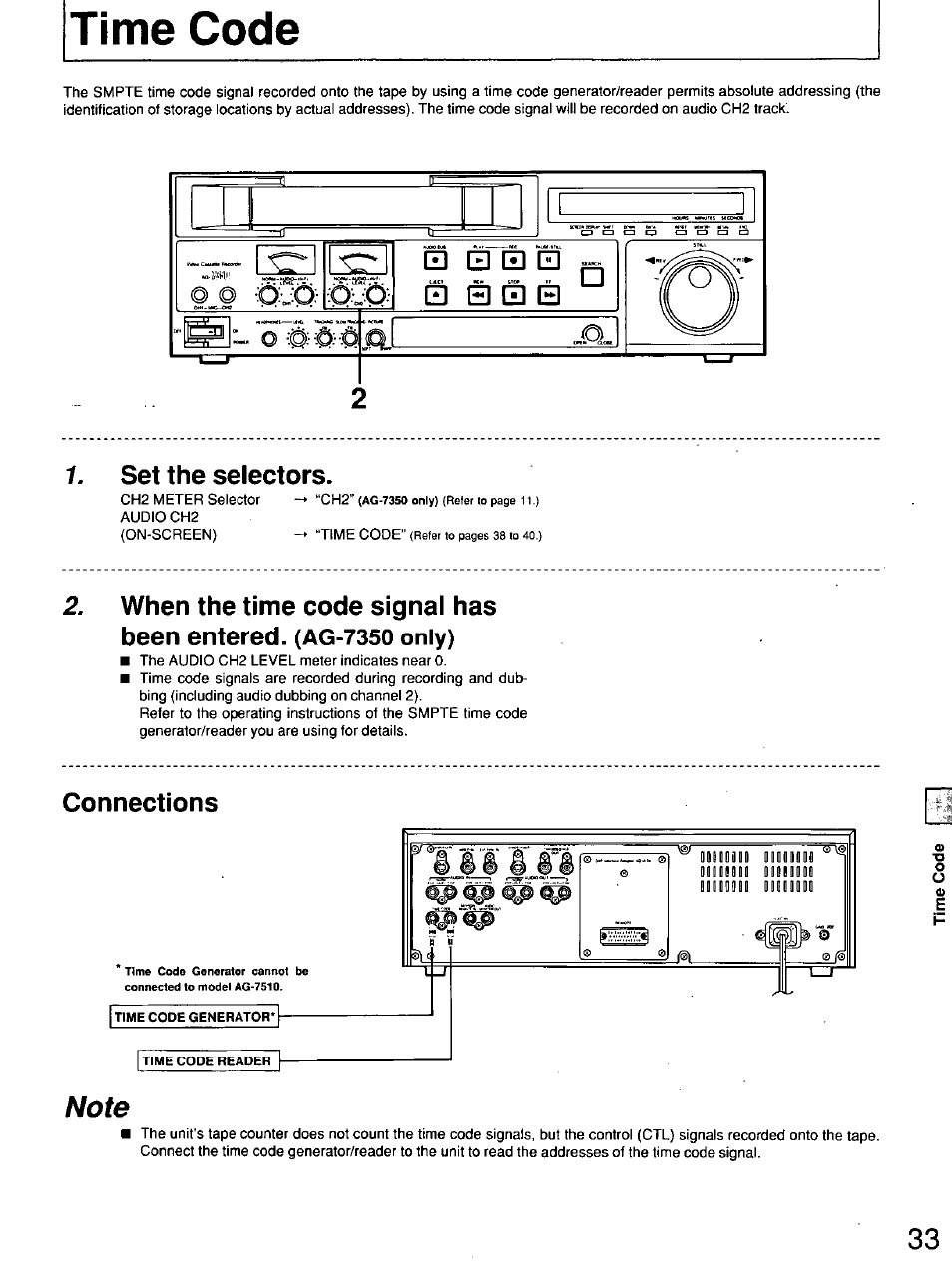 Time code, Set the selectors, Connections | Panasonic AG7150 User Manual | Page 33 / 52