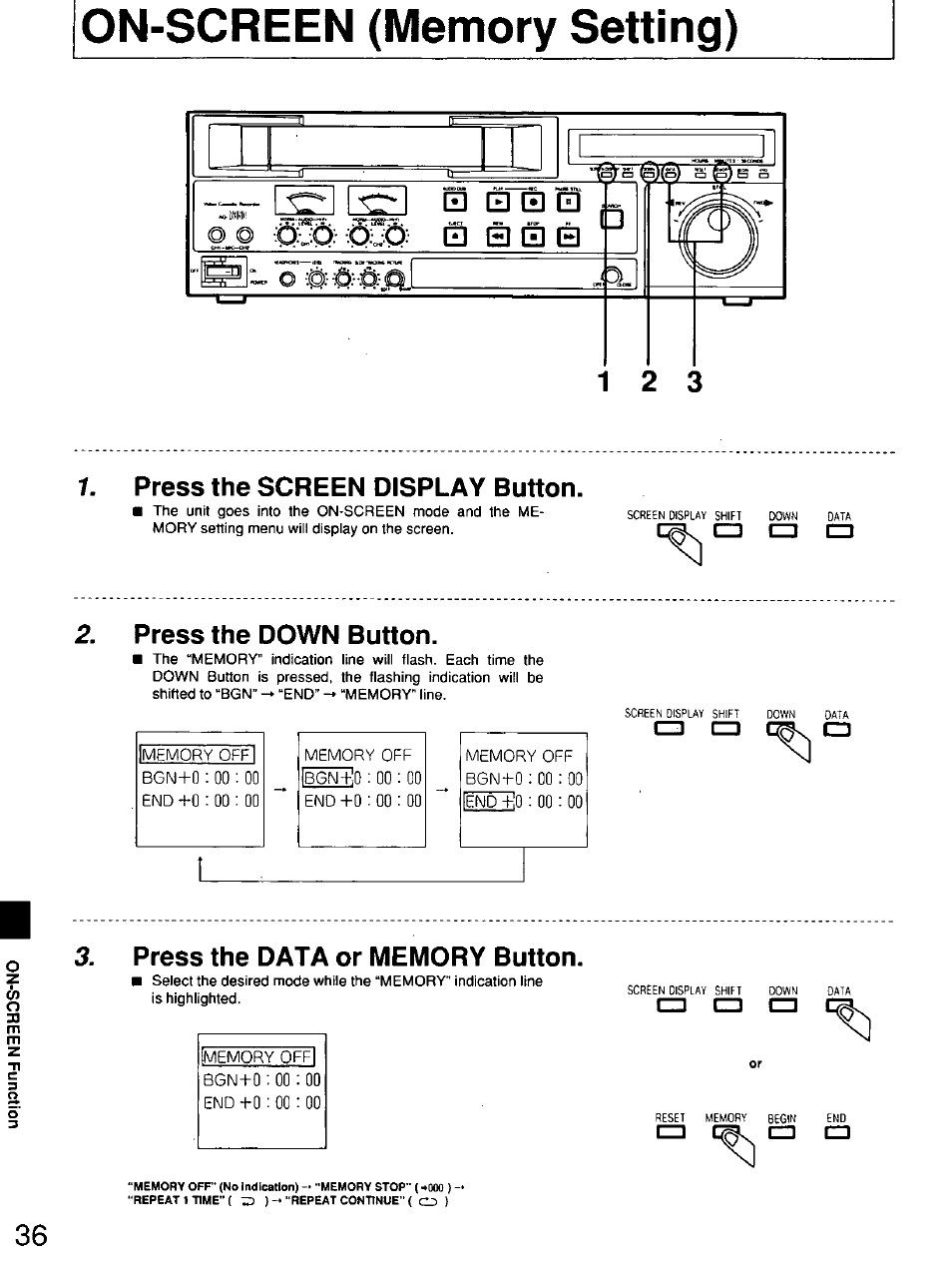 Press the screen display button, Press the down button, Press the data or memory button | Panasonic AG7150 User Manual | Page 36 / 52