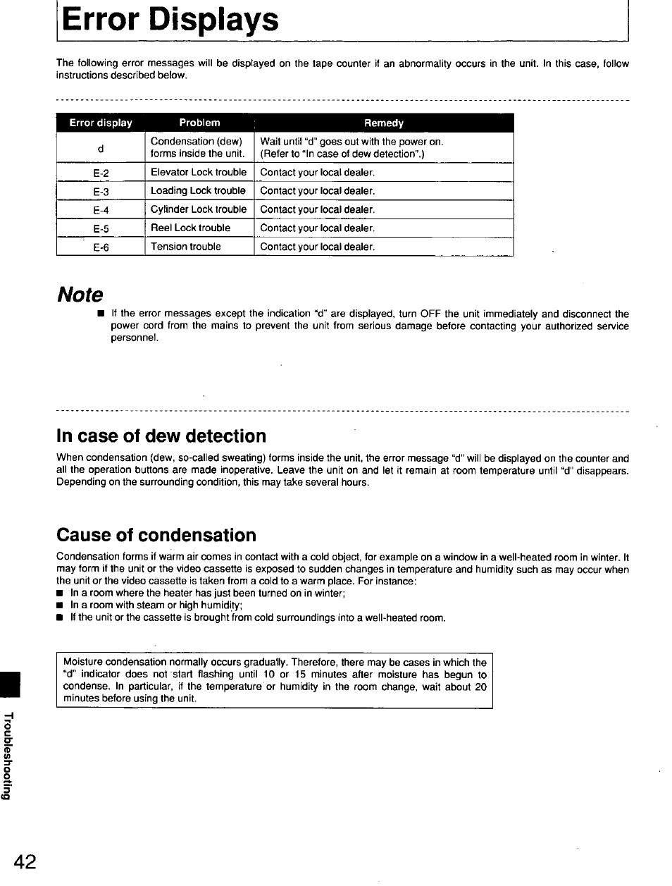 Error displays, In case of dew detection, Cause of condensation | Panasonic AG7150 User Manual | Page 42 / 52