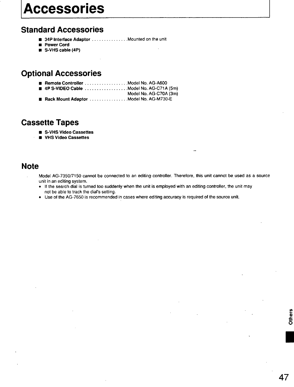 Accessories, Standard accessories, Optional accessories | Cassette tapes, Note | Panasonic AG7150 User Manual | Page 47 / 52
