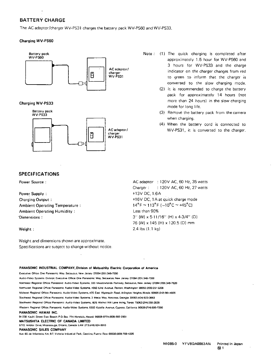 Battery charge, Charging wv-ps33 | Panasonic WV-V3 User Manual | Page 2 / 2
