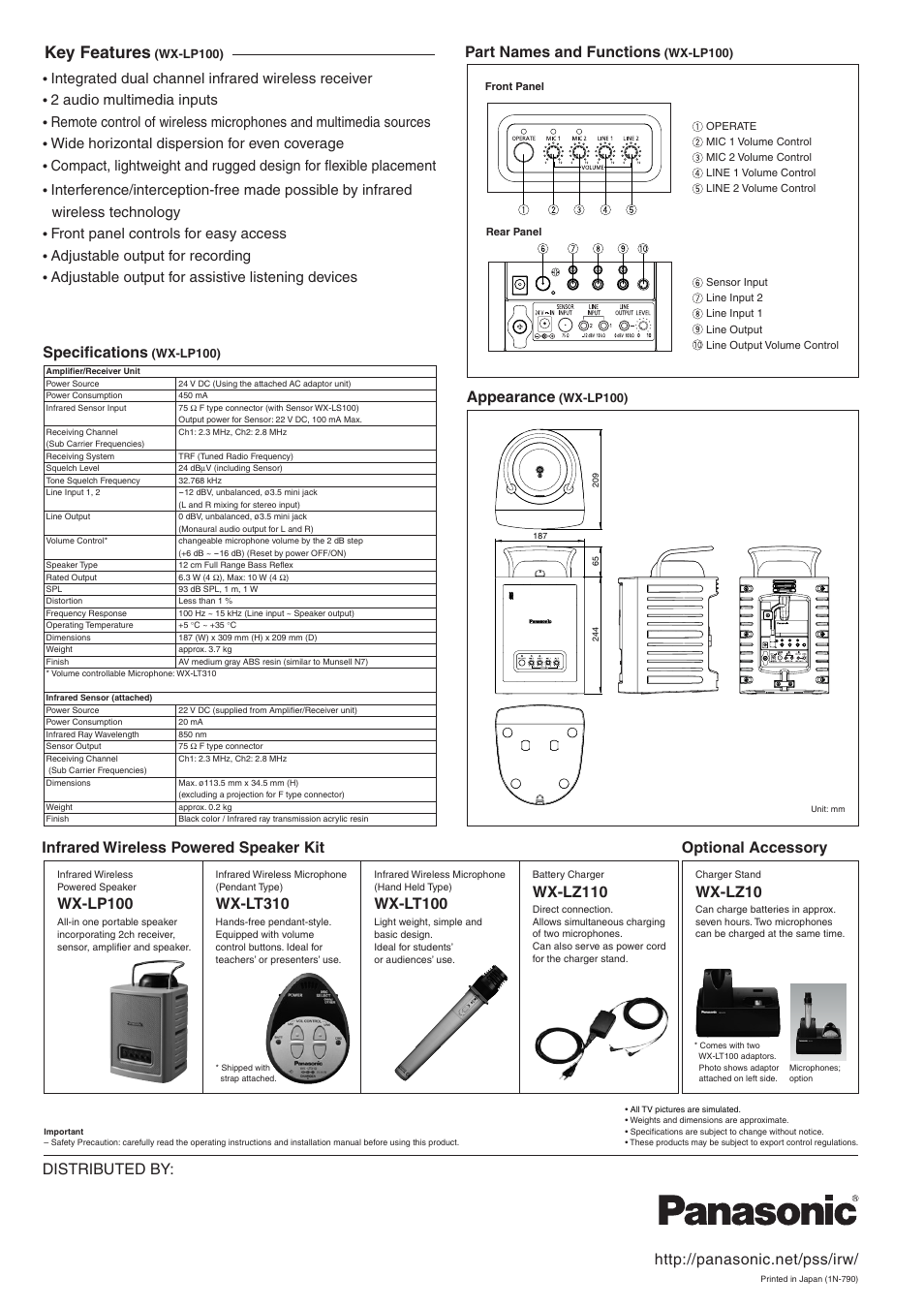 Key features, Part names and functions, Distributed by | Appearance, Specifications, Wx-lp100, Wx-lt310, Wx-lt100, Wx-lz110, Wx-lz10 | Panasonic WX-LP100 User Manual | Page 2 / 2