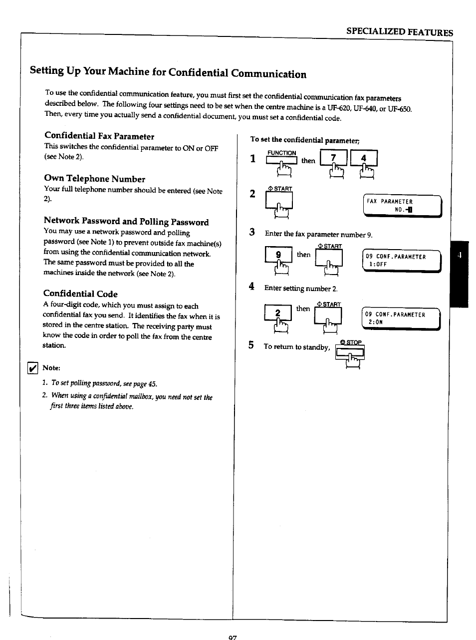 Confidential fax parameter, Own telephone number, Network password and polling password | Confidential code | Panasonic Panafax UF-766 User Manual | Page 104 / 142