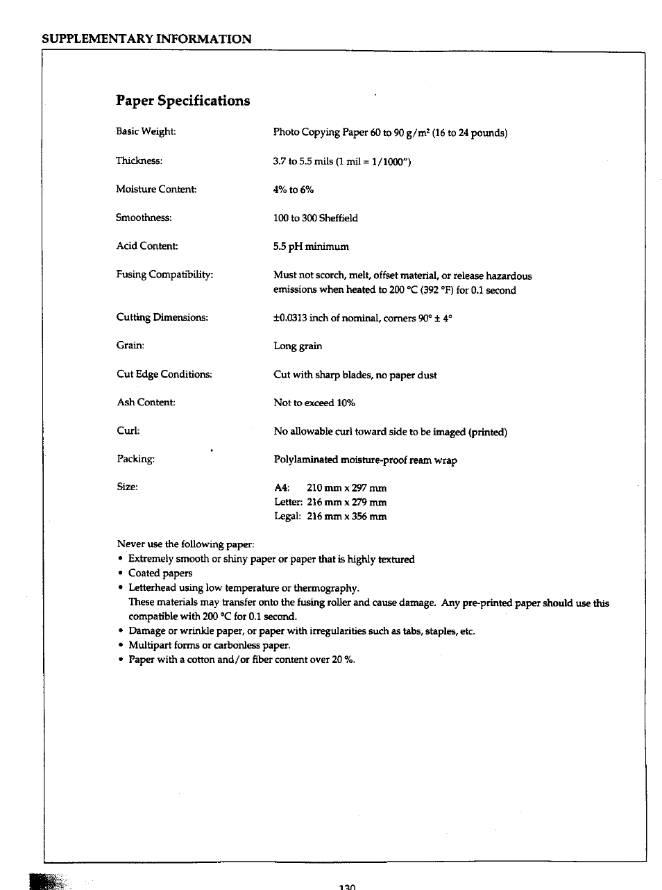 Paper specifications | Panasonic Panafax UF-766 User Manual | Page 137 / 142