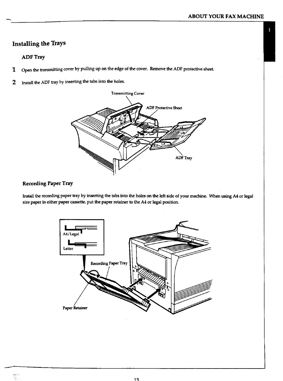 Adf tray, Recording paper tray, Installing the trays | Panasonic Panafax UF-766 User Manual | Page 21 / 142
