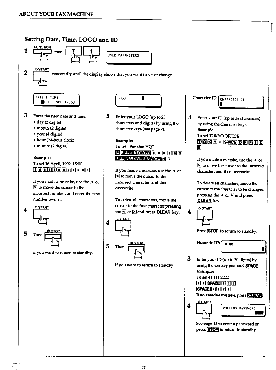 Lileeiilsbiililleli, Setting date, time, logo and id | Panasonic Panafax UF-766 User Manual | Page 28 / 142