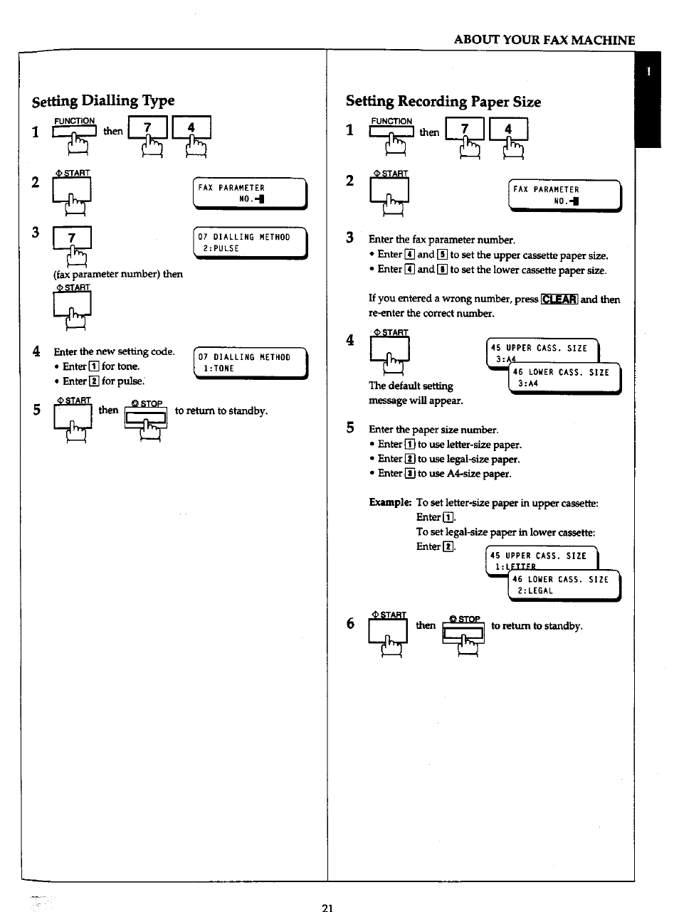 Dialling type, Setting recording paper size | Panasonic Panafax UF-766 User Manual | Page 29 / 142