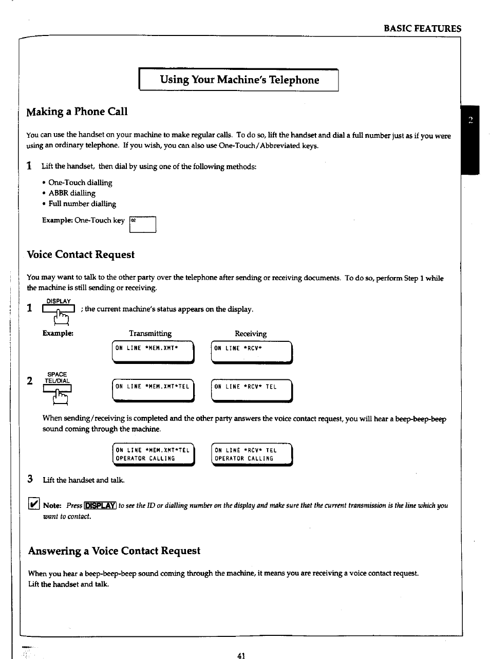 Using your machine's telephone making a phone call, Voice contact request, Answering a voice contact request | Panasonic Panafax UF-766 User Manual | Page 48 / 142