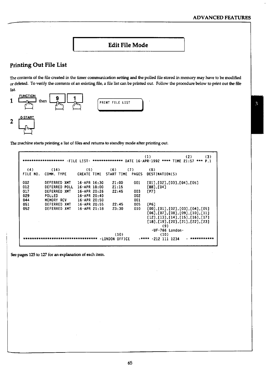 Edit file mode printing out file list | Panasonic Panafax UF-766 User Manual | Page 72 / 142