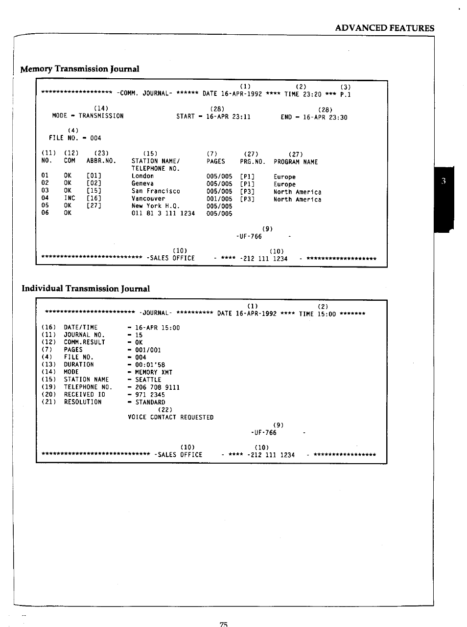 Memory transmission journal, Individual transmission journal, Memory transmission | Panasonic Panafax UF-766 User Manual | Page 82 / 142