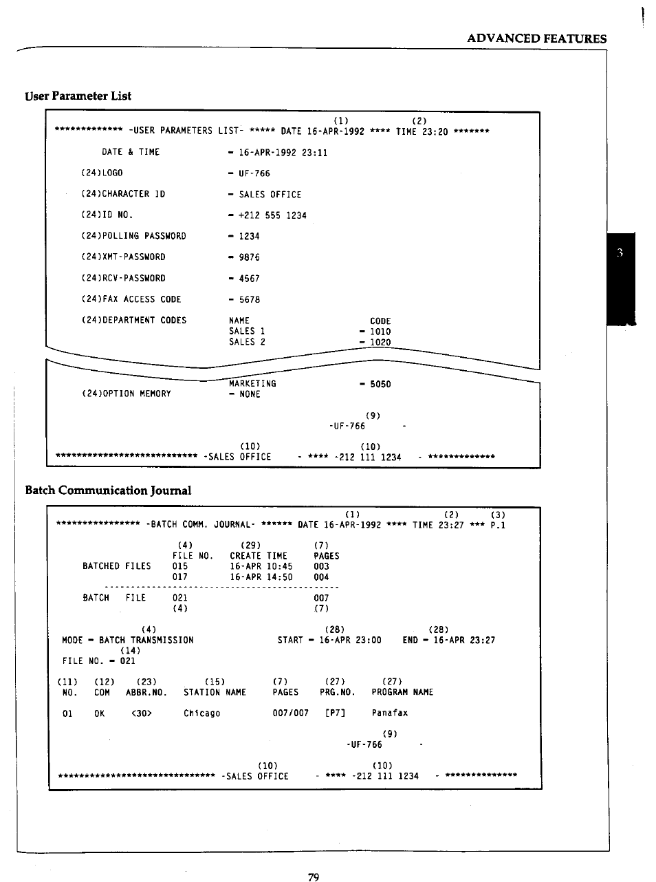User parameter list, Batch communication journal, Fax parameter list | Batch communication jourrwl | Panasonic Panafax UF-766 User Manual | Page 86 / 142