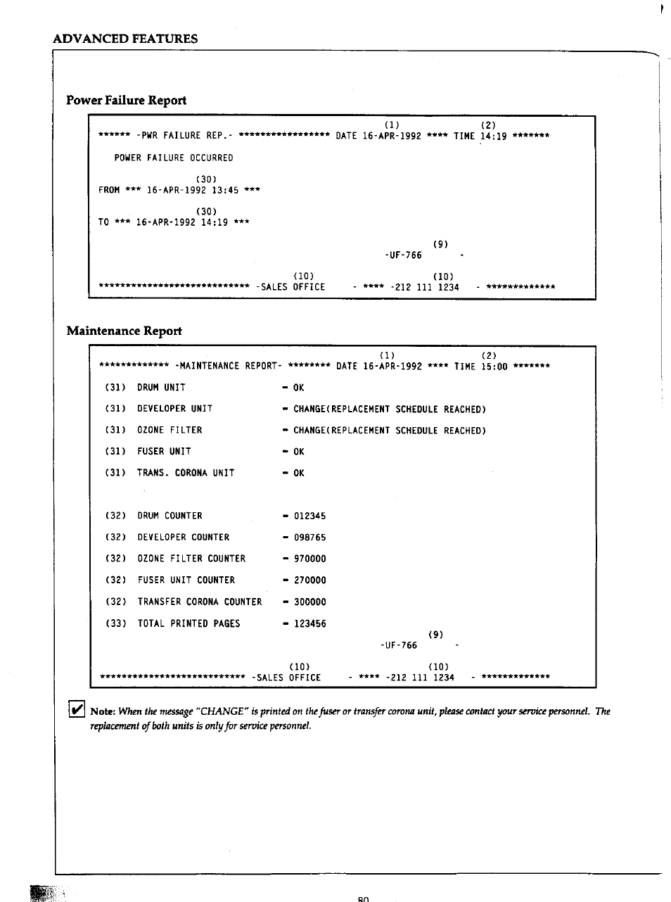 Power failure report, Maintenance report | Panasonic Panafax UF-766 User Manual | Page 87 / 142