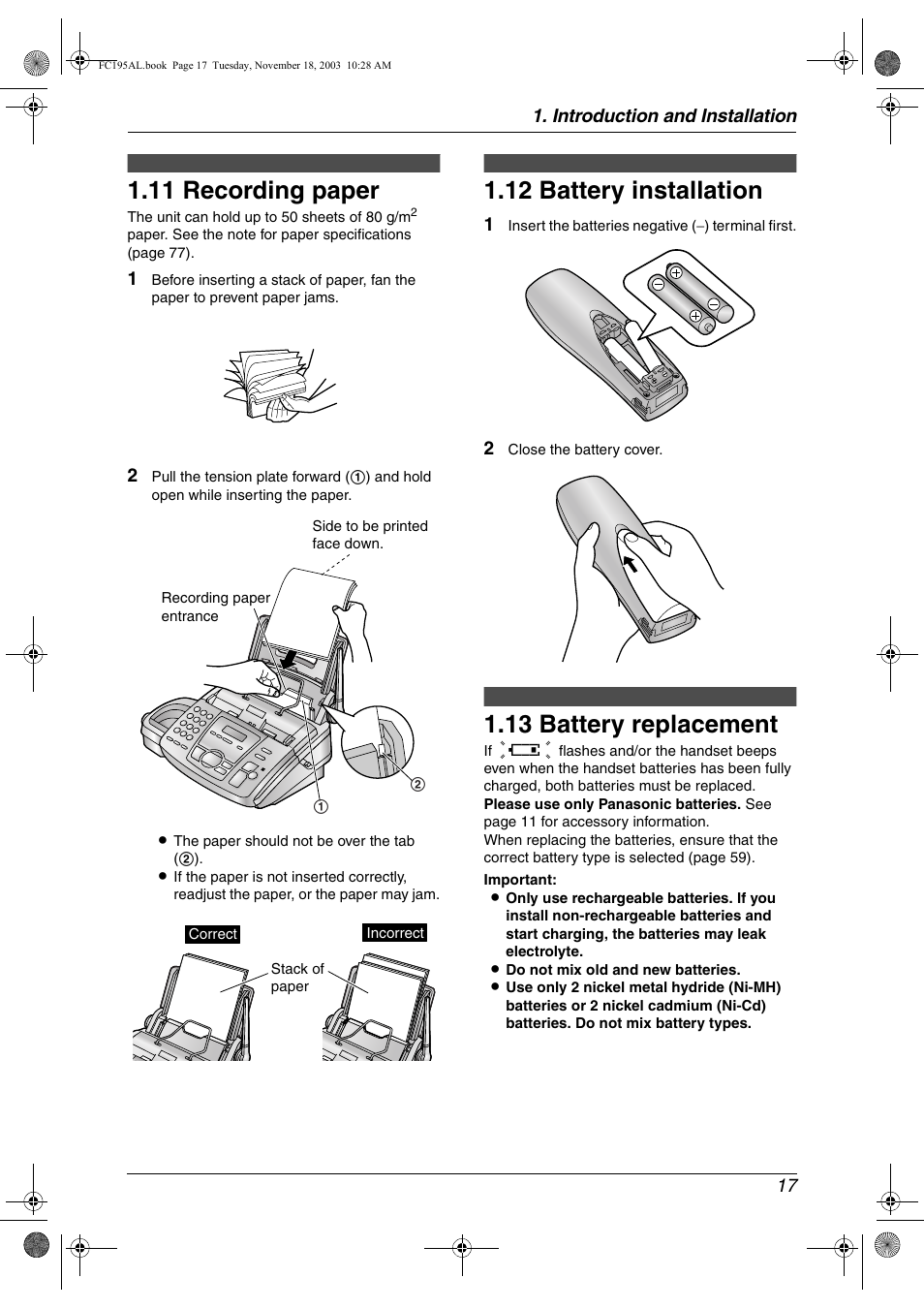 11 recording paper, Installation (handset), 12 battery installation | 13 battery replacement, Recording paper, Battery installation, Battery replacement, 11 recording paper, 12 battery installation, 13 battery replacement | Panasonic KX-FC195AL User Manual | Page 19 / 86