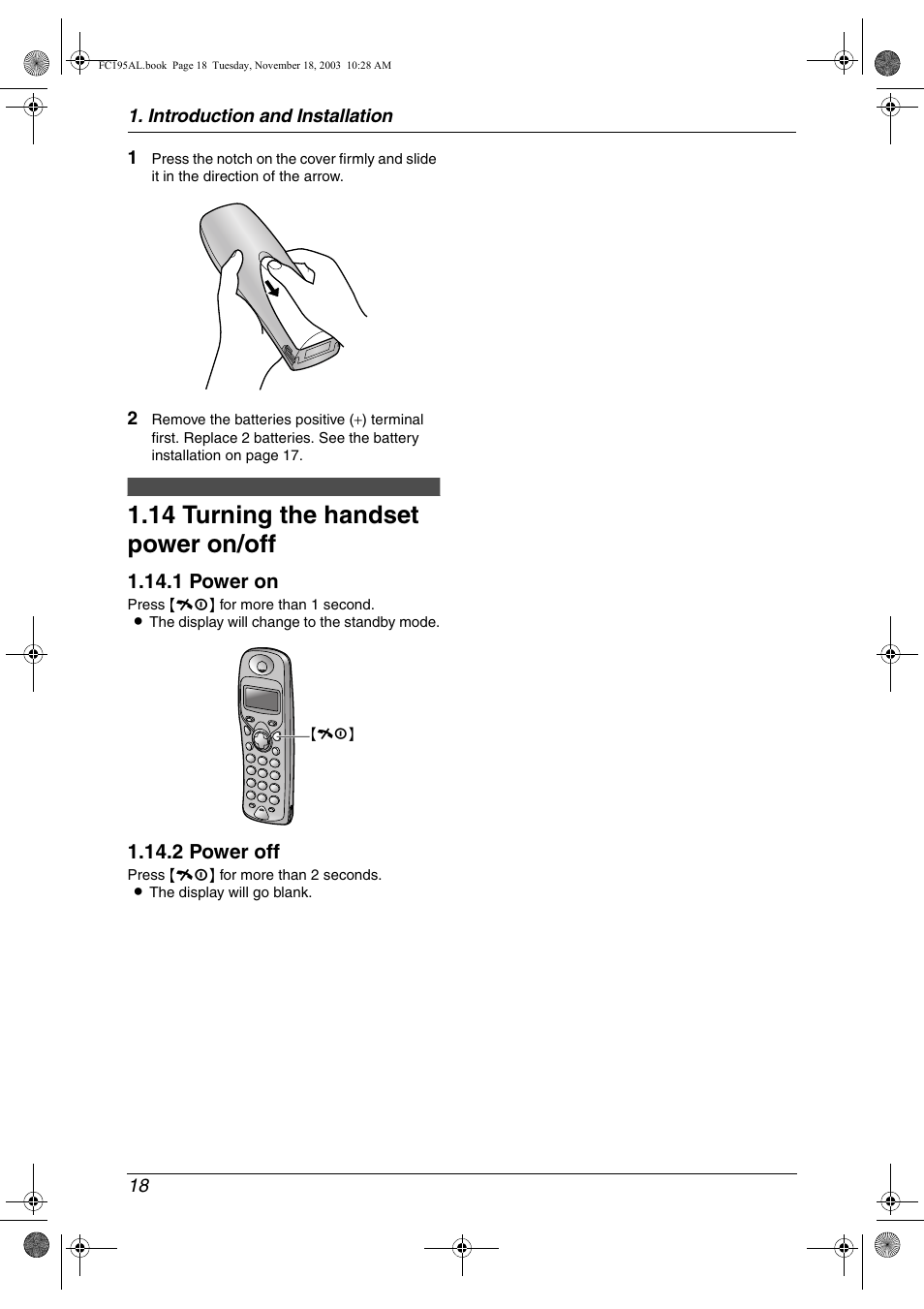 14 turning the handset power on/off, Turning the handset power on/off, 14 turning the handset power on/off | Panasonic KX-FC195AL User Manual | Page 20 / 86