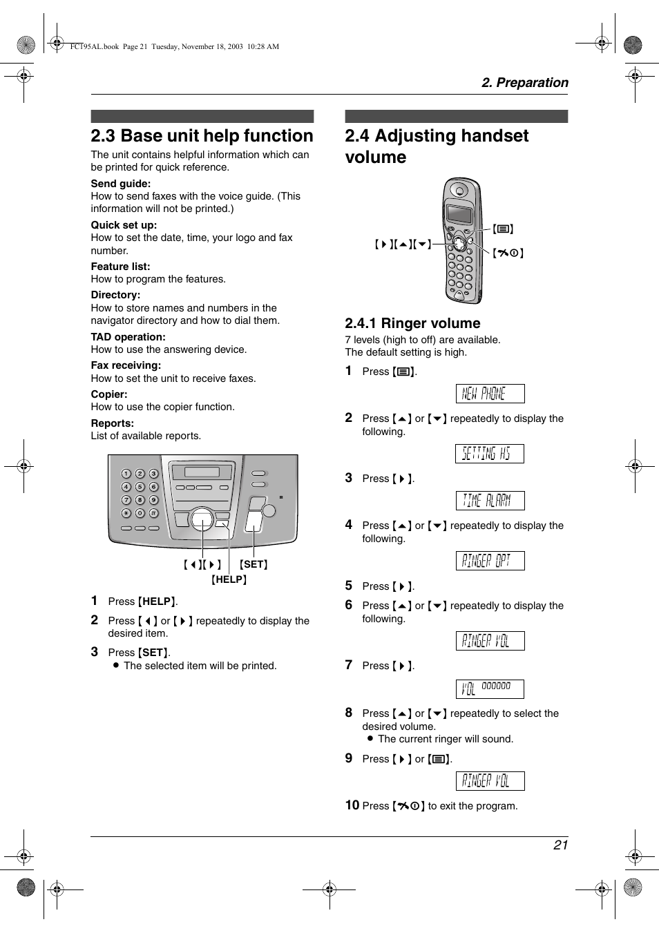 3 base unit help function, Volume, 4 adjusting handset volume | Base unit help function, Adjusting handset volume, 3 base unit help function, 4 adjusting handset volume, 1 ringer volume | Panasonic KX-FC195AL User Manual | Page 23 / 86