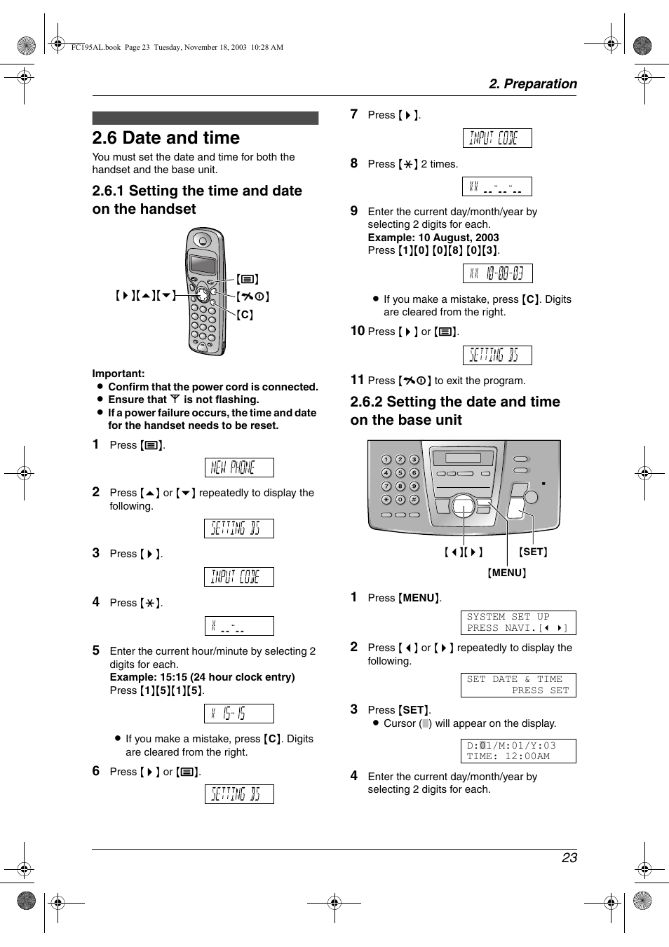 Initial programming, 6 date and time, Date and time | 6 date and time, 1 setting the time and date on the handset, 2 setting the date and time on the base unit | Panasonic KX-FC195AL User Manual | Page 25 / 86