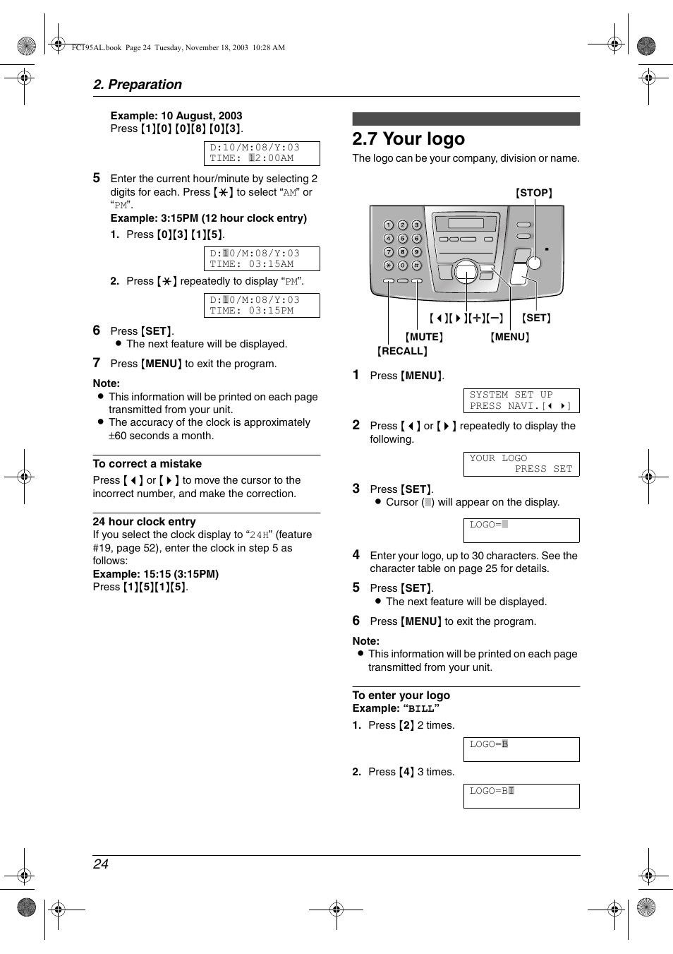 7 your logo, Your logo, 7 your logo | Preparation 24 | Panasonic KX-FC195AL User Manual | Page 26 / 86