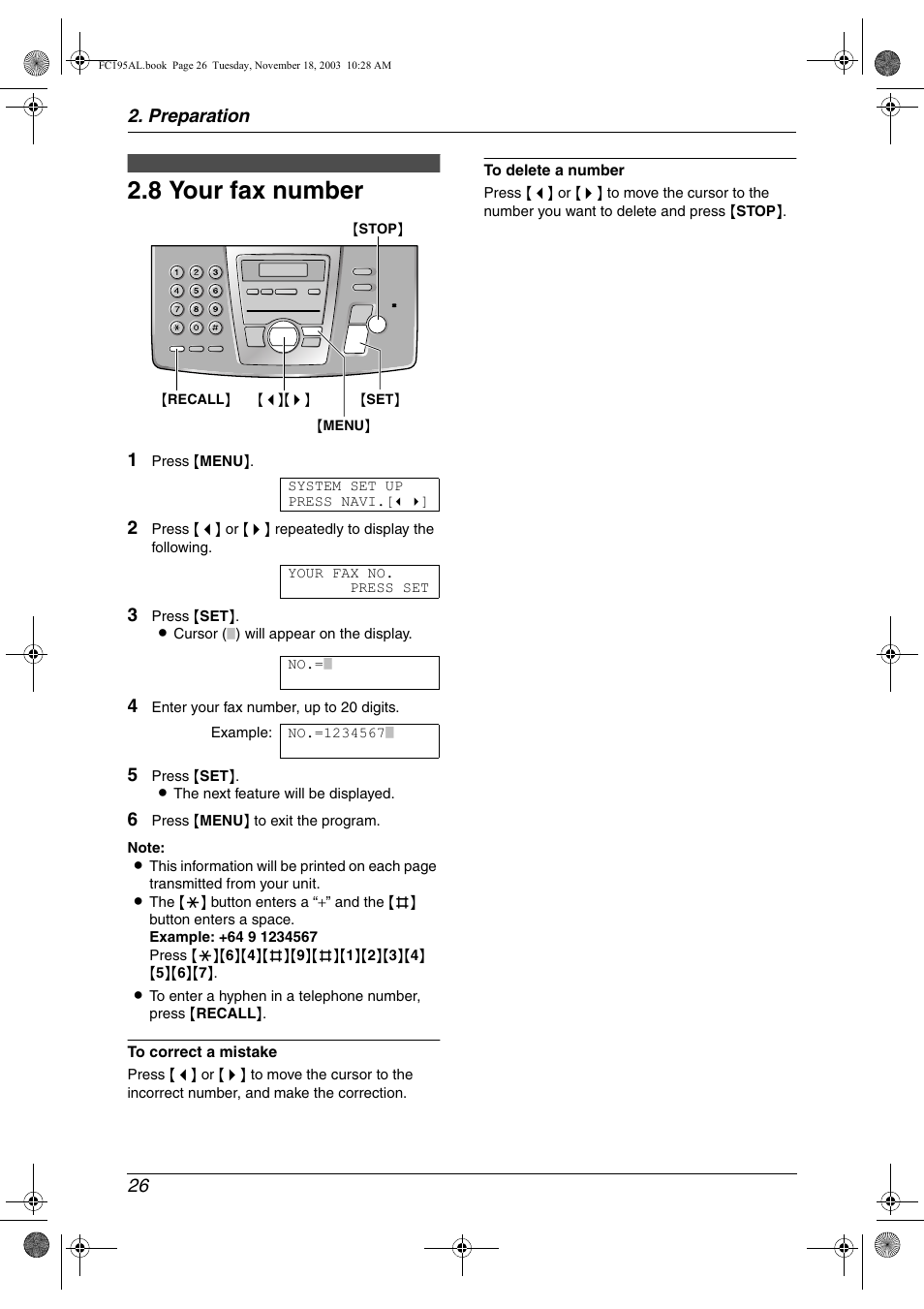 8 your fax number, Your fax number, 8 your fax number | Preparation 26 | Panasonic KX-FC195AL User Manual | Page 28 / 86