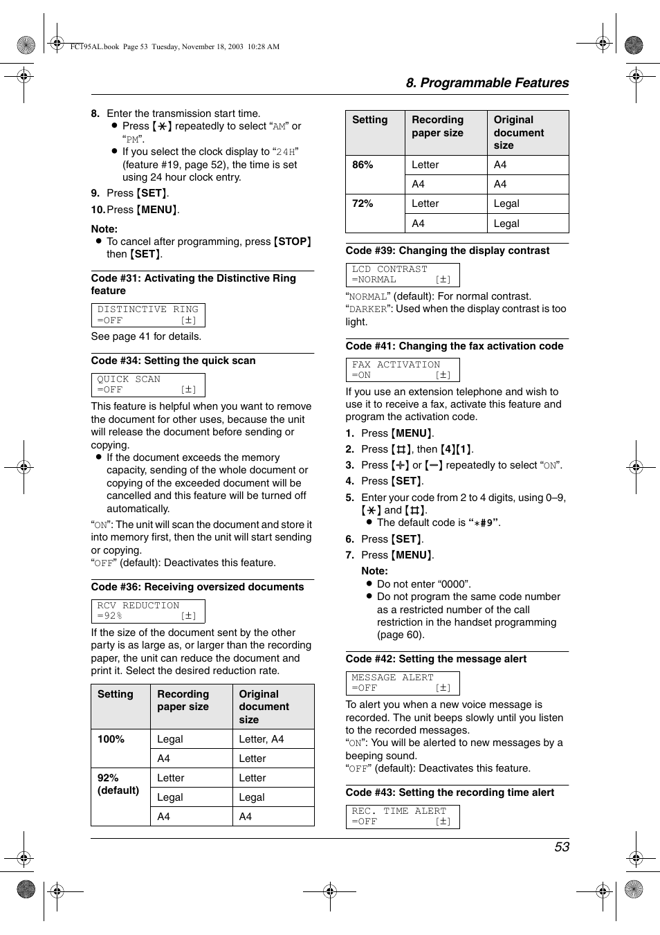 Programmable features 53 | Panasonic KX-FC195AL User Manual | Page 55 / 86