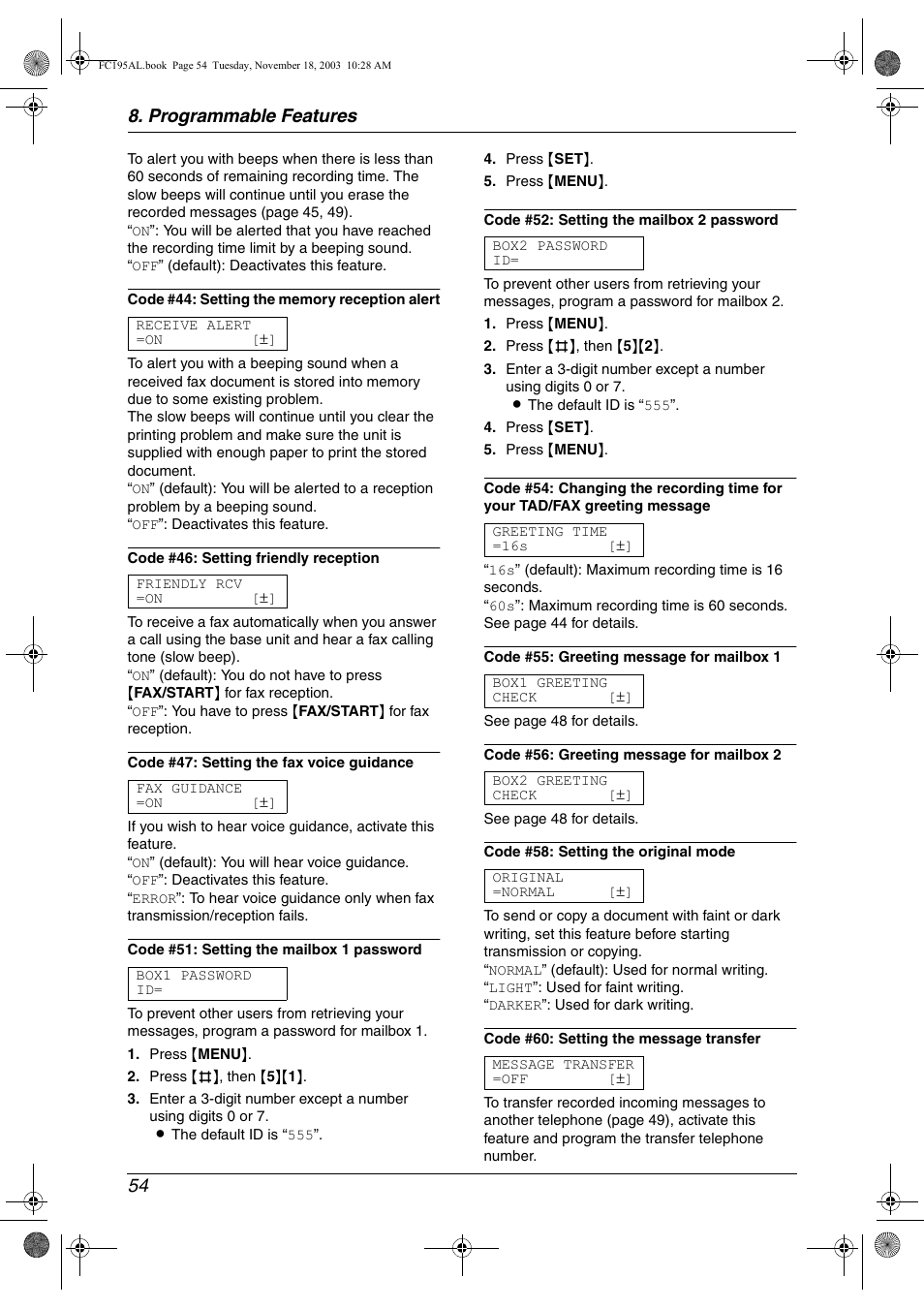 Programmable features 54 | Panasonic KX-FC195AL User Manual | Page 56 / 86