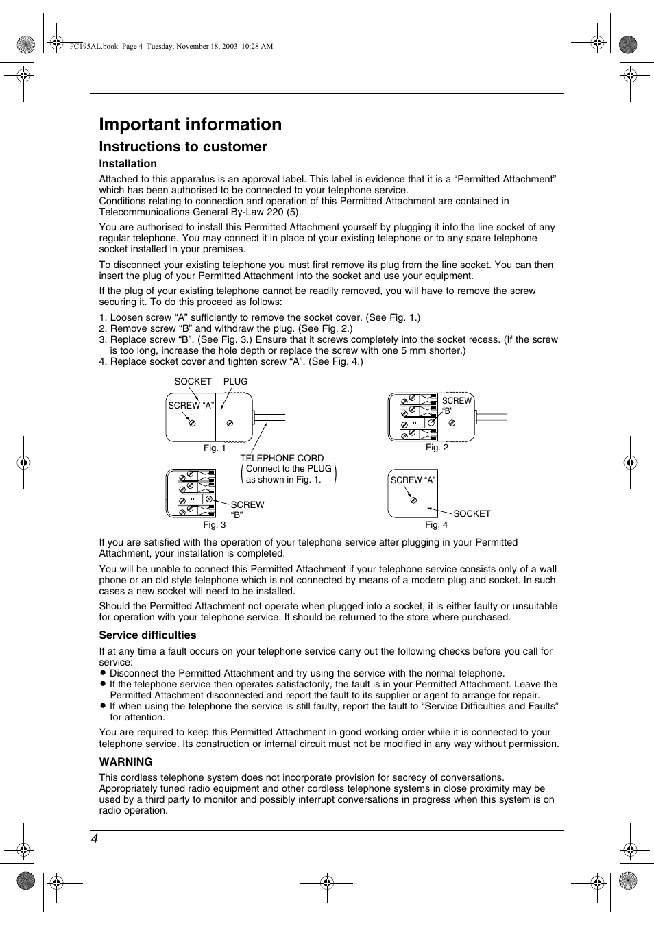Important information, Instructions to customer | Panasonic KX-FC195AL User Manual | Page 6 / 86