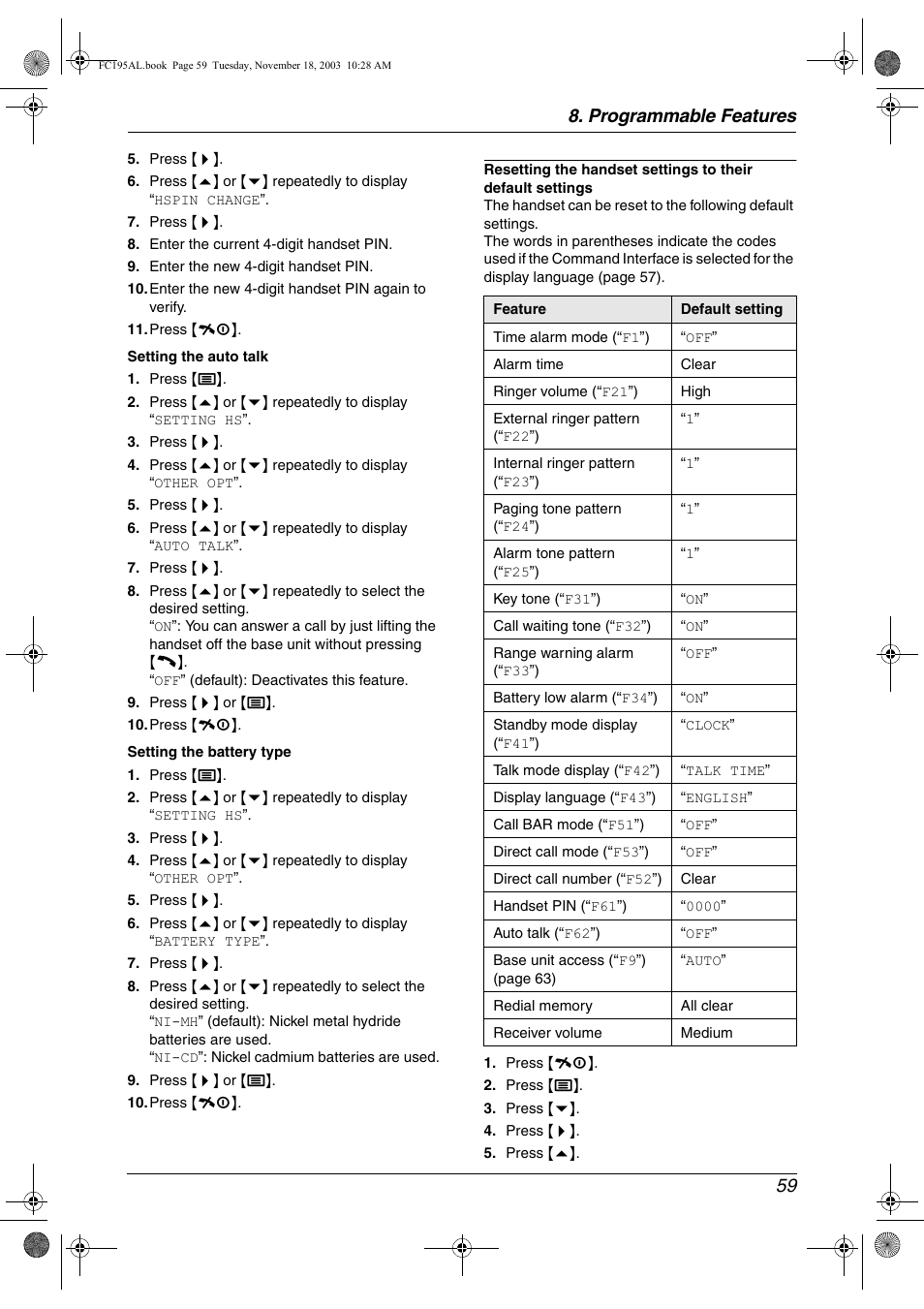 Programmable features 59 | Panasonic KX-FC195AL User Manual | Page 61 / 86
