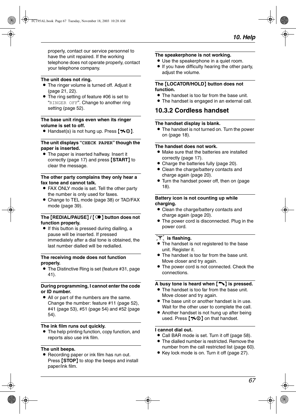2 cordless handset, Help 67 | Panasonic KX-FC195AL User Manual | Page 69 / 86