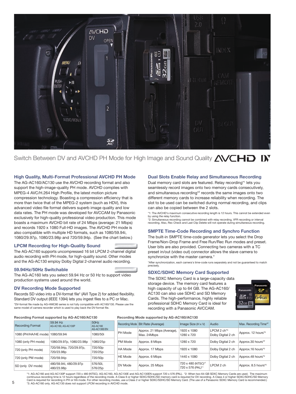 Lpcm recording for high-quality sound, 94hz/50hz switchable, Dv recording mode supported | Dual slots enable relay and simultaneous recording, Smpte time-code recording and synchro function | Panasonic AG-AC130 User Manual | Page 6 / 12