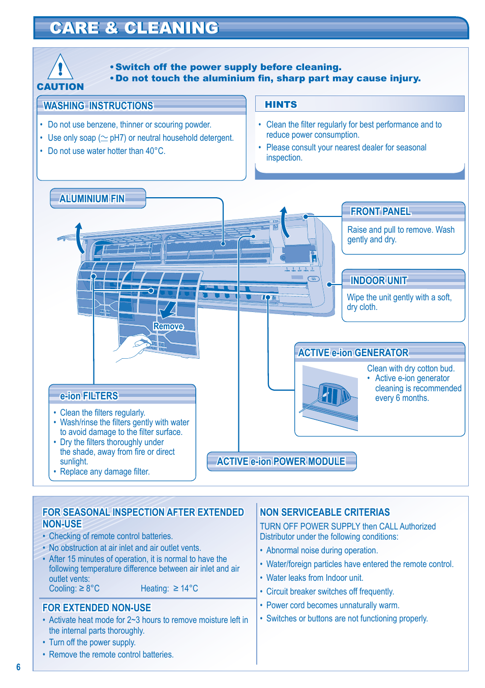 Care & cleaning | Panasonic CS-E28HKR User Manual | Page 6 / 8
