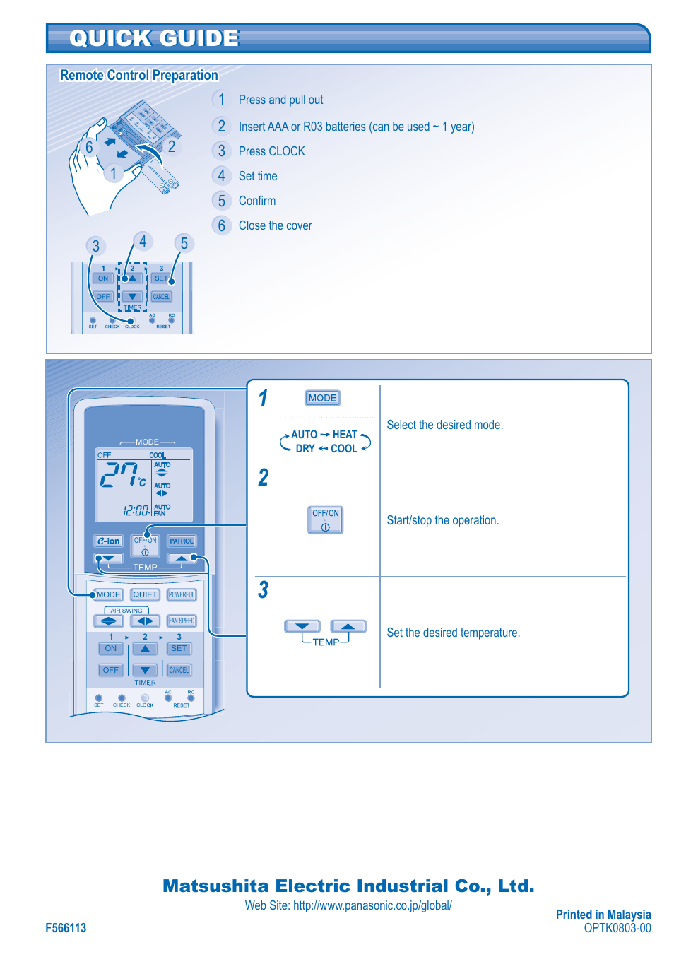 Quick guide quick guide, Matsushita electric industrial co., ltd | Panasonic CS-E28HKR User Manual | Page 8 / 8