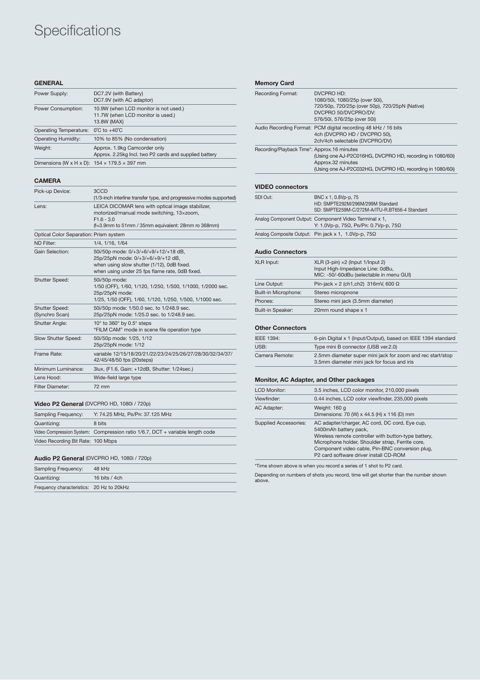 Specifications | Panasonic AG-HPX173 User Manual | Page 15 / 16