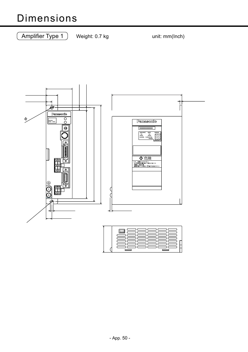 Amplifier, App. 50, Dimensions | Amplifier type 1, Back panel mount type, Weight: 0.7 kg unit: mm(inch), Standard) | Panasonic MDDDT5540 User Manual | Page 124 / 133
